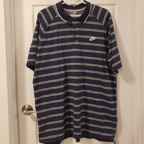 Nike Sportswear FIT DRY XXL Navy Green Horizontal Striped Men's Golf Shirt - Picture 1 of 7
